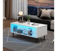 Tavolino da caffè regolabile in altezza con spazio nascosto, tavolo da soggiorno con luce LED, divano con spazio di archiviazione e superficie espositiva in vetro temperato, bianco con 4 gambe 105 x