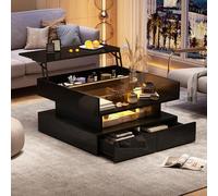 Tavolino da caffè regolabile in altezza con vano nascosto e 2 cassetti, divano con luci a LED, lucido, tavolino da salotto in vetro temperato, 80 x 80 x 45 cm (nero)