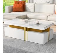 Tavolino da caffè rettangolare moderno con piano lucido e 2 cassetti in legno, piano marmorizzato, per soggiorno, 100x50x40 cm