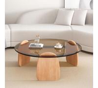 Tavolino da caffè rotondo in vetro per soggiorno, vetro temperato, tavolino da tè minimalista di lusso, adatto per piccoli appartamenti, arredamento moderno per la casa, colore legno chiaro, elegante