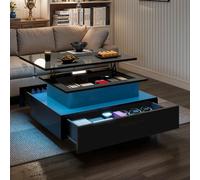 Tavolino da caffè sollevabile YITAHOME - Design moderno rettangolare con illuminazione a LED a 16 colori e 2 cassetti, superficie illuminata elevata Black