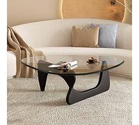 Tavolino da caffè triangolare con piano in vetro,Fine astratta moderna di metà secolo con base in legno,Piccolo centro soggiorno Home Office