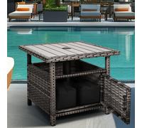 Tavolino da esterno con foro per ombrello, piccolo, in vimini grigio, con 2 sacchetti di peso, tavolino da caffè con piano in legno di poliestere, per piscina, giardino, balcone