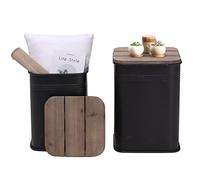 Tavolino da fattoria, stile rustico, ottomano con sgabello, in metallo anticato zincato, con coperchio quadrato in legno, tavolino da caffè o da cocktail, due pezzi (quadrato e nero)