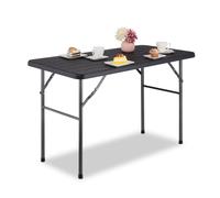 Relaxdays Tavolino Ripiegabile da Giardino, HLP 74 x 118 x 60 cm, Aspetto Legno, Tavolo di Plastica e Metallo, Nero, Acciaio