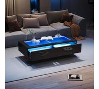 Tavolino da salotto, 100 x 50 x 35 cm, lucido, tavolo da soggiorno con cassetti, tavolino con luce a LED, piano in vetro (nero)