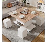 Tavolino da salotto 3 in 1 regolabile in altezza, con ruote e 4 sgabelli, 100 x 50 cm, bianco