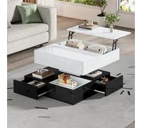 Tavolino da salotto, 70 x 70 x 40 cm, con piano girevole a 360°, doppio strato con 3 cassetti, tavolino da caffè geometrico lucido, tavolino sollevabile, tavolino con spazio di archiviazione, bianco e
