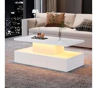 Tavolino da salotto a due livelli, con luce a LED a 16 colori, lucido, tavolo da soggiorno con ripiano a mostra aperto e 1 cassetto scorrevole, piccolo tavolo centrale rettangolare, bianco