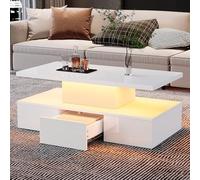 Tavolino da salotto a due livelli, con luce a LED a 16 colori, lucido, tavolo da soggiorno con ripiano a mostra aperto e 1 cassetto scorrevole, piccolo tavolo centrale rettangolare, bianco