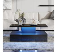 Tavolino da salotto a due livelli con luce LED a 16 colori, lucido, tavolo da soggiorno con scaffale aperto e 1 cassetto scorrevole, nero