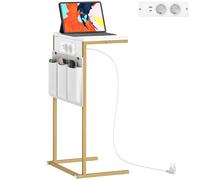 Tavolino da Salotto a Forma di C Piano Effetto Marmo con Prese di Corrente e USB in MDF Bianco