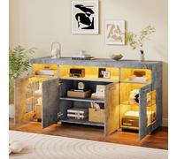 Tavolino da salotto color cemento, lucido, con luce LED, ampia credenza, in vetro temperato con 3 scomparti (140 x 40 x 70 cm)