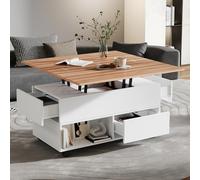 Tavolino da salotto con 4 ruote, 100 x 50 x 52 cm, con 4 cassetti, tavolino da caffè sollevabile, regolabile in altezza, tavolino e tavolo da pranzo con spazio di archiviazione, bianco + colore legno
