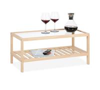 Relaxdays Tavolino da Salotto in Legno, 35 x 80 x 40 cm, Ripiano in Vetro, 2 Mensole, Tavolo Basso da Divano, Naturale