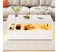 Tavolino da salotto LED, 104 x 53 x 46 cm, rettangolare con deposito e 2 cassetti, stile moderno, per soggiorno e camera da letto (bianco)