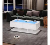 Tavolino da salotto, lucido, 100 x 50 x 35 cm, con cassetti, tavolino con luce a LED, piano in vetro (bianco)