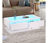 Tavolino da salotto, lucido, 100 x 50 x 35 cm, con cassetti, tavolino con luce a LED, piano in vetro (bianco)