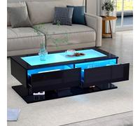 Tavolino da salotto, lucido, 100 x 50 x 35 cm, con cassetti, tavolino con luce a LED, piano in vetro, nero (nero)