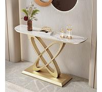 Tavolino da Salotto Moderno con Finitura Anticata, Divano a Mezzaluna, lastra di Roccia, Veranda, Soggiorno, Ingresso, corridoio, mobiletto, Base Dorata, Piano Bianco, 78 cm di Lunghezza x 30 cm di l