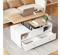 Tavolino da salotto regolabile in altezza, colore legno+bianco, 50 x 100 cm, con funzione pieghevole e 4 cassetti, un grande e uno piccolo tavolo idraulico sollevabile, tavolo mobile da soggiorno con
