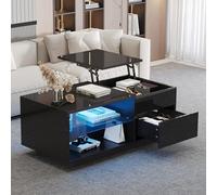 Tavolino da salotto regolabile in altezza, tavolo da soggiorno con LED, tavolino lucido con 1 cassetto, divano con divisorio in vetro temperato e spazio nascosto, può essere utilizzato come tavolo da