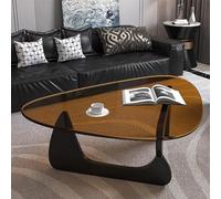 Tavolino da salotto triangolare, stile moderno metà secolo, base in legno naturale con piano in vetro, ideale per arredamento soggiorno o patio