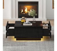 Tavolino da tè quadrato, 70 x 70 x 36 cm, con LED, lucido, con 2 cassetti, tavolino da soggiorno, tavolino in vetro temperato, tavolino con design geometrico