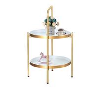 Tavolino dorato con superficie bianca, vassoio in metallo a 2 ripiani, facile da montare, versatile per soggiorno, camera da letto, giardino, comodino, vassoio rimovibile, design elegante