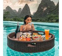 Tavolino galleggiante for piscina, sorgenti termali, feste in spiaggia, grande portabicchieri galleggiante da bar, vassoio galleggiante intrecciato a mano for adulti(Brown,Diameter 80cm)