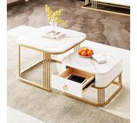 Tavolino impilabile: effetto marmo lucido e piano in vetro, gambe nere, tavolino laterale con cassetti in set da 2 (White + MDF 1)