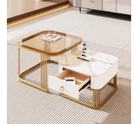 Tavolino impilabile: effetto marmo lucido e piano in vetro, gambe nere, tavolino laterale con cassetti in set da 2 (White + MDF)