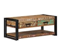 Tavolino in legno massello riciclato con colori misti e ferro verniciato a polvere, 90 x 50 x 38 cm, elegante e sostenibile per soggiorno e piccoli spazi