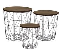 Tavolino in metallo con vano portaoggetti, colore nero, set da 3 pezzi, con ripiano in legno rimovibile e cestino in metallo, tavolino da salotto