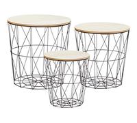 Tavolino in metallo con vano portaoggetti, di colore nero, in set da 3 pezzi, dotato di ripiano in legno rimovibile e cestino in metallo, tavolino da salotto