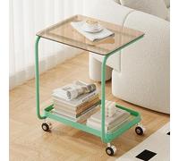 Tavolino in vetro temperato con struttura in acciaio, tavolino portatile a 2 ripiani, per interni ed esterni, elegante tavolo d'accento per soggiorno e camera da letto, verde e marrone