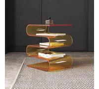 Tavolino laterale acrilico trasparente a forma di S, tavolino con libreria | Tavolino laterale per divano con spazio contenitivo, comodino, portariviste con mensola(Orange)