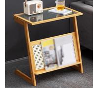 Tavolino laterale in bambù con libreria, piccolo tavolino da caffè per soggiorno, mobiletto terminale in vetro smerigliato, piano quadrato, scrivania multifunzionale e sala da pranzo