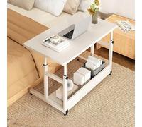 Tavolino mobile sopra il letto, tavolino con ruote, tavolini laterali a 2 livelli, scrivania larga 50 cm, altezza regolabile 63-85 cm, tavolini da divano con struttura in metallo per laptop(White)