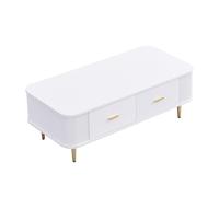 Tavolino moderno con cassetti e angoli arrotondati lisci, pannelli laterali ondulati, superficie MDF, gambe in metallo dorato, maniglie decorative, soluzione di archiviazione per soggiorno (bianco)