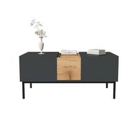 Tavolino moderno con due ripiani regolabili indipendentemente, colore nero grigio con effetto legno, regolabile in altezza da 45 a 60 cm, con tre scomparti aperti per soggiorno, ufficio, soggiorno