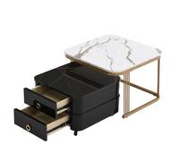 Tavolino moderno con effetto marmo, piano del tavolo e telaio in vetro nero, set da 2 pezzi impilabili tra loro con cassetti e ruote, design salvaspazio per soggiorno, tavolino con struttura in