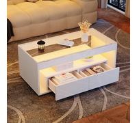 Tavolino moderno con luce a LED, divano rettangolare con 2 cassetti grandi, spazioso tavolo da soggiorno in vetro, design a doppio strato, lucido, 100 x 50 x 40 cm (bianco)