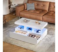 Tavolino moderno da caffè 104x53x46 cm, tavolo da soggiorno rettangolare bianco/nero lucido, tavolino laterale con illuminazione a LED, tavolino centrale da tè con 2 cassetti e scomparto aperto