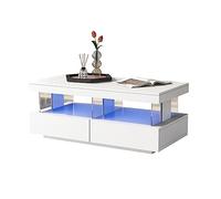Tavolino moderno lucido con illuminazione a LED, 2 cassetti, pannelli acrilici, 100 x 60 x 49,5 cm, per soggiorno, stabile, durevole ed elegante, bianco, adatto per arredamento moderno