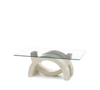 STONES HOME FURNITURE, Tavolino Salotto Moderno con Base in Pietra Fossile White Agata e Top in Vetro Rettangolare, Modello Olimpia, Colore Beige, 70 x 120 x h 41 cm