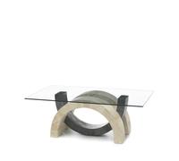 Tavolino Olimpia Stone Decor E5 120x70xH41 cm, Vetro Trasparente, Gambe Pietra Fossile Beige e Grigio avorio