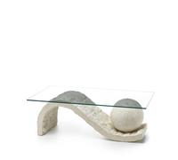 Tavolino Onda Linea Stone Decor E5, 120x70xH37 cm, Colore Vetro Trasparente, Gambe Base Beige, Materiale Top Vetro Temperato Filo Lucido, Gambe Base Pietra Fossile White Agata, Struttura Gambe Compens
