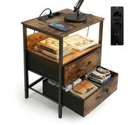 Tavolino Relaxdays con LED, Prese e USB, 2 cassetti, HxLxP: 60x40x30 cm, Comodino, Marrone/Nero