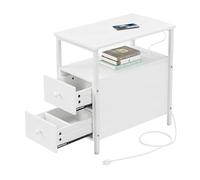 Tavolino Relaxdays con Prese elettriche, USB, 2 cassetti, H x L x P: 61 x 35 x 60 cm, Comodino angolare, Bianco